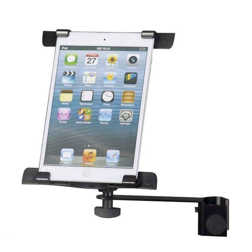 Xtreme universal tablet and iPad holder mounted on a mic stand, adjustable bracket for secure device support.