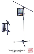 Xtreme universal tablet and iPad holder attached to a mic stand, adjustable bracket for secure device mounting.