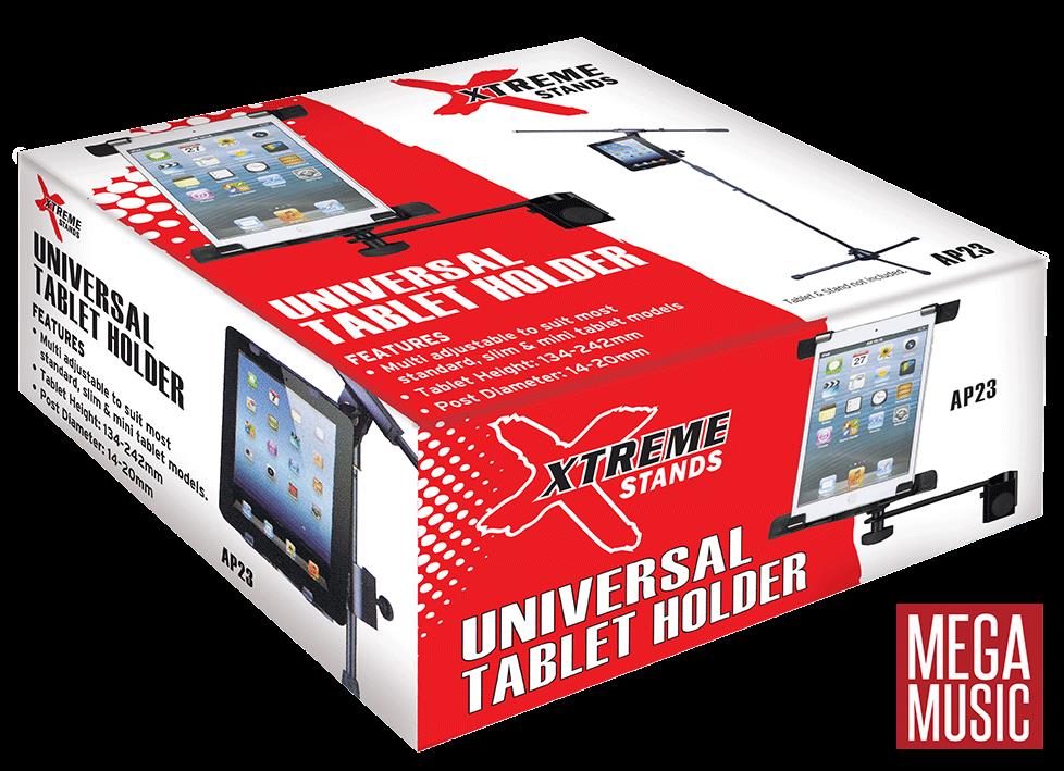 Xtreme Universal Tablet and iPad Holder attached to a microphone stand, adjustable bracket for secure device mounting.