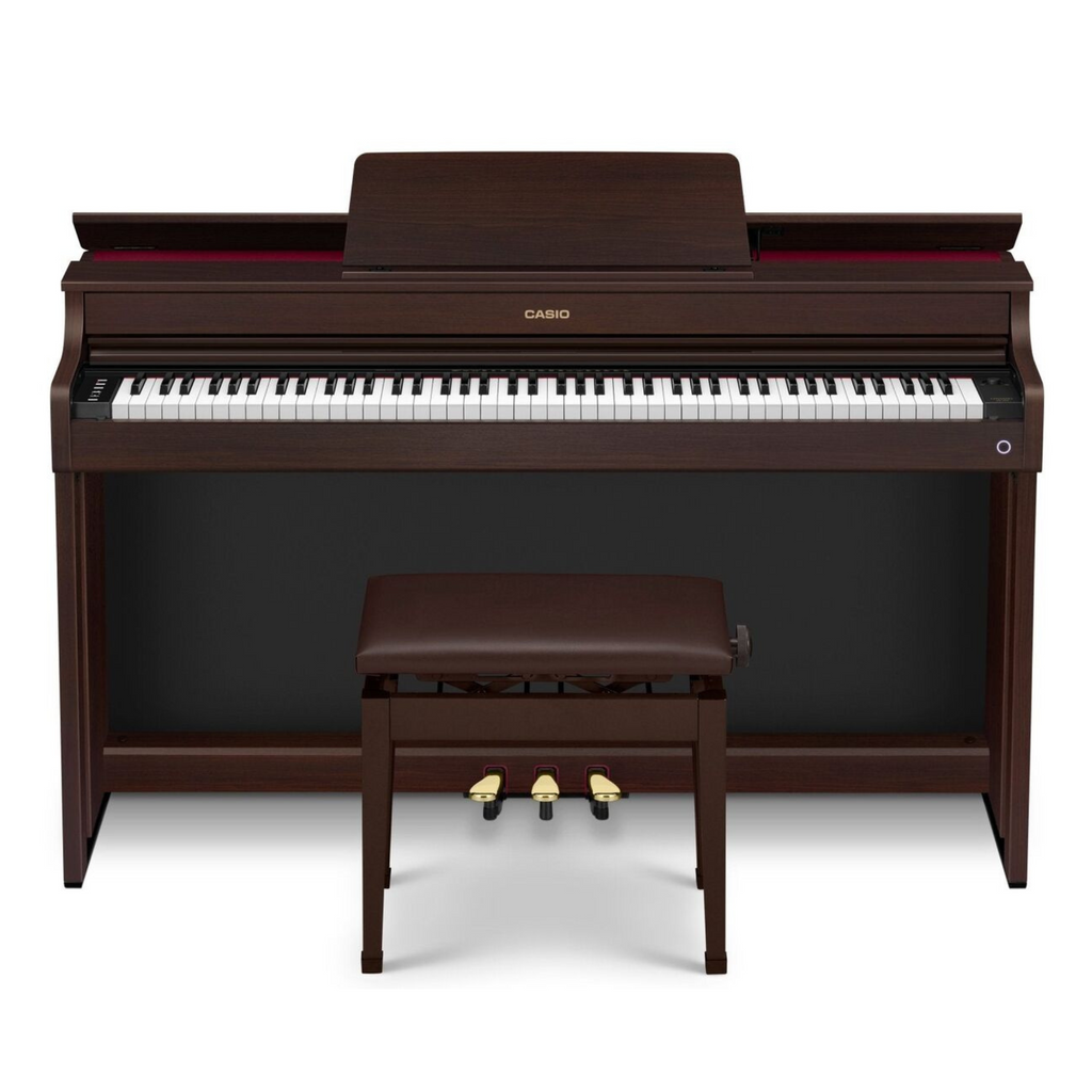 Casio AP300BN 88-key digital piano in brown with detailed keys and control panel, showcasing its sleek design.