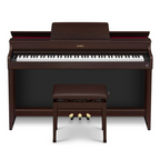 Casio AP300BN 88-key digital piano in brown with detailed keys and control panel, showcasing its sleek design.