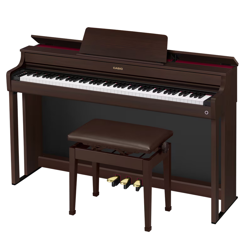 Casio AP300BN 88-key digital piano in brown with full-sized keys and sleek design, ideal for musicians and beginners.