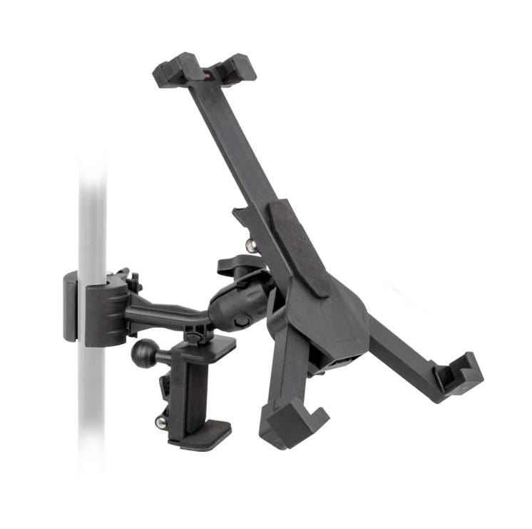Xtreme AP30 Pro-Mount tablet and smartphone holder attached to a stand, showcasing adjustable bracket for devices.