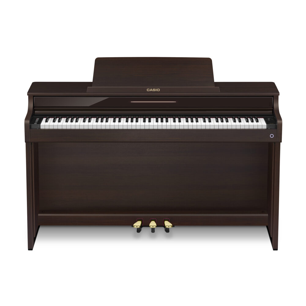 Casio Celviano AP-550 digital piano in brown with sleek design and full-size keys, ideal for home or studio use.