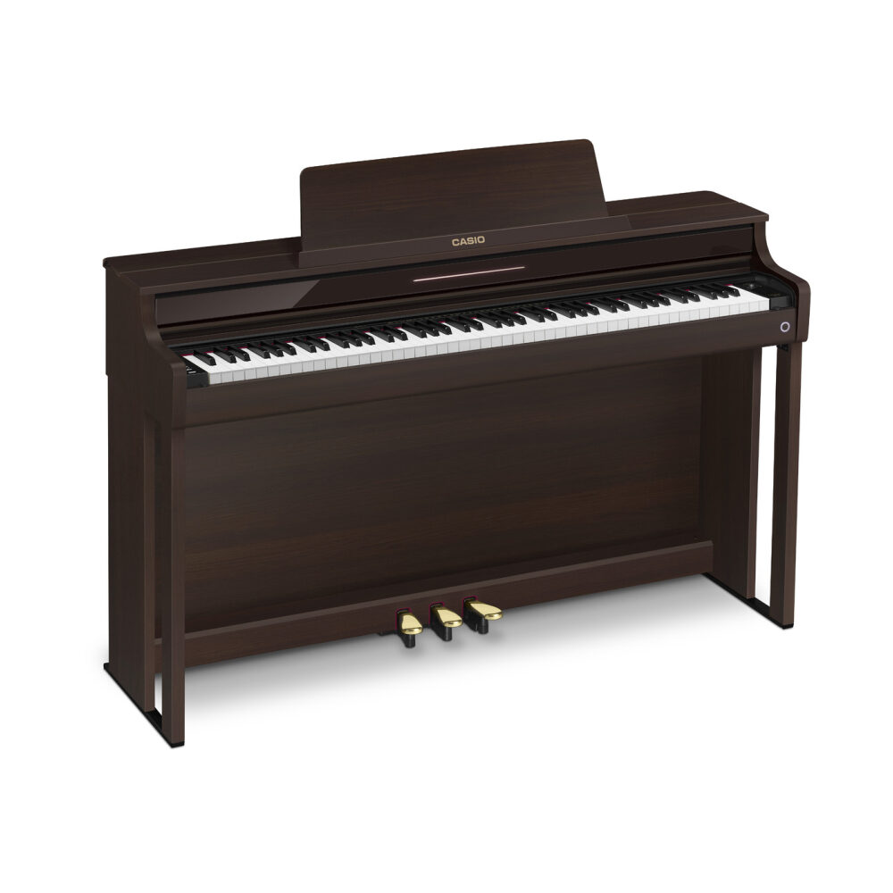 Casio Celviano AP-550 digital piano in brown with sleek design and full-sized keyboard, ideal for home music practice.