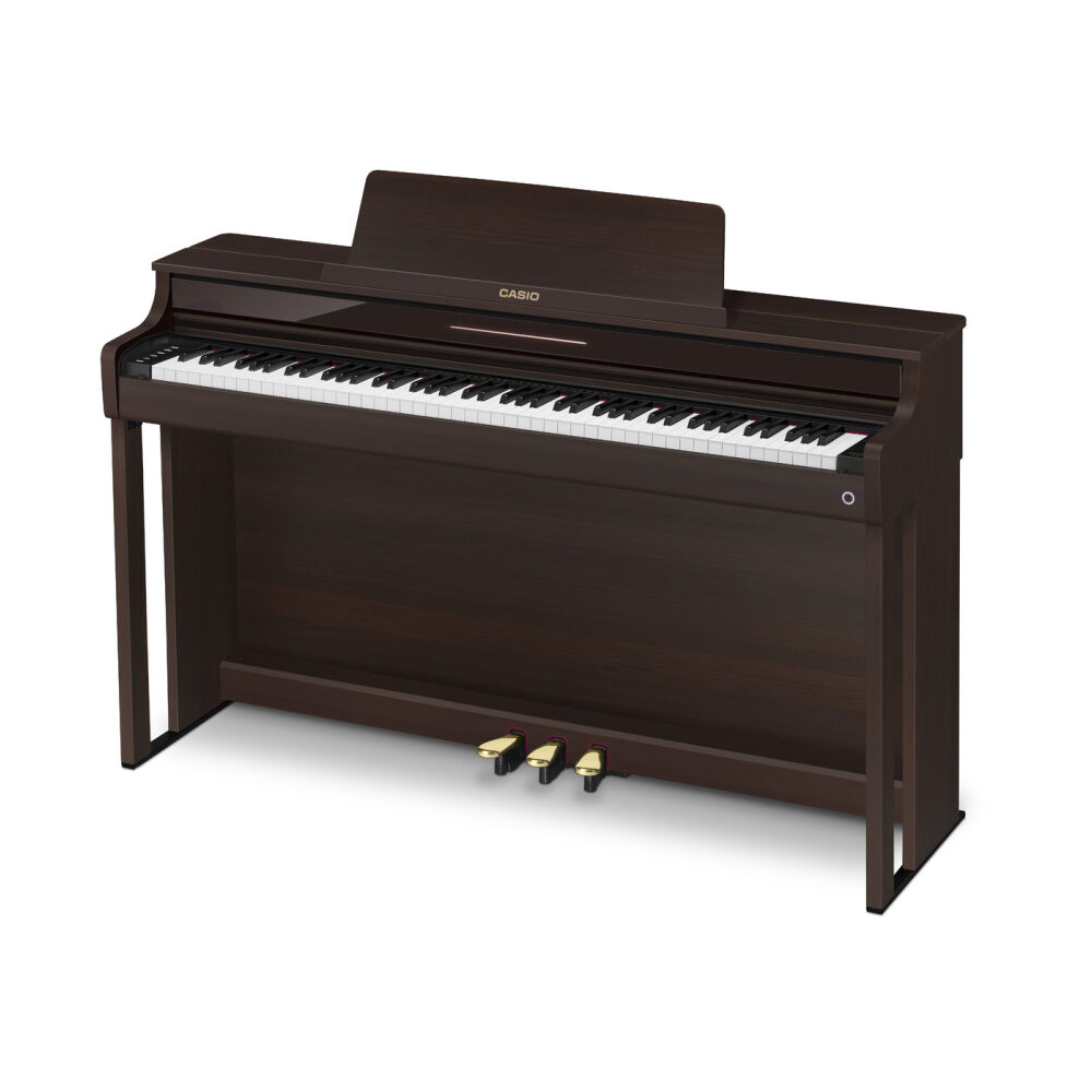 Casio Celviano AP-550 digital piano in brown with full-sized keys and sleek design, perfect for home music practice.