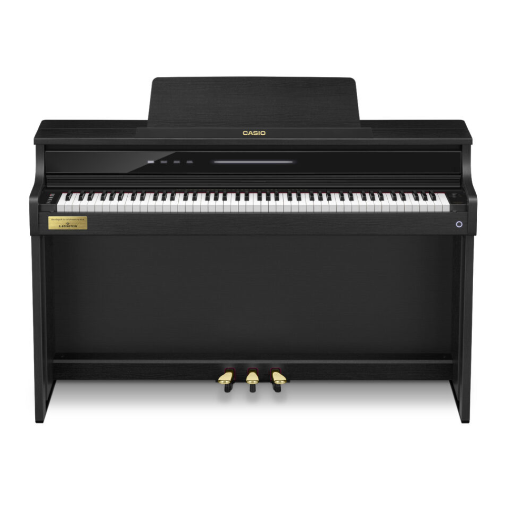 Casio Celviano AP-750 digital piano in black showing the sleek keyboard and elegant design for home music practice.
