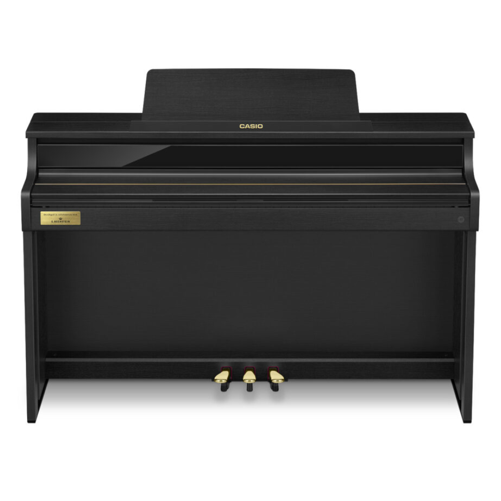 Casio Celviano AP-750 digital piano in black with full keyboard and sleek design, ideal for home music practice and performance.