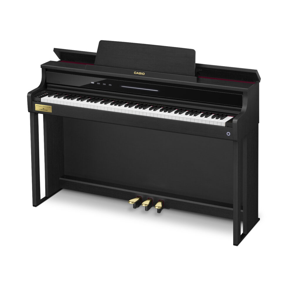 Casio Celviano AP-750 digital piano in black, showing the front view with keyboard and control panel.