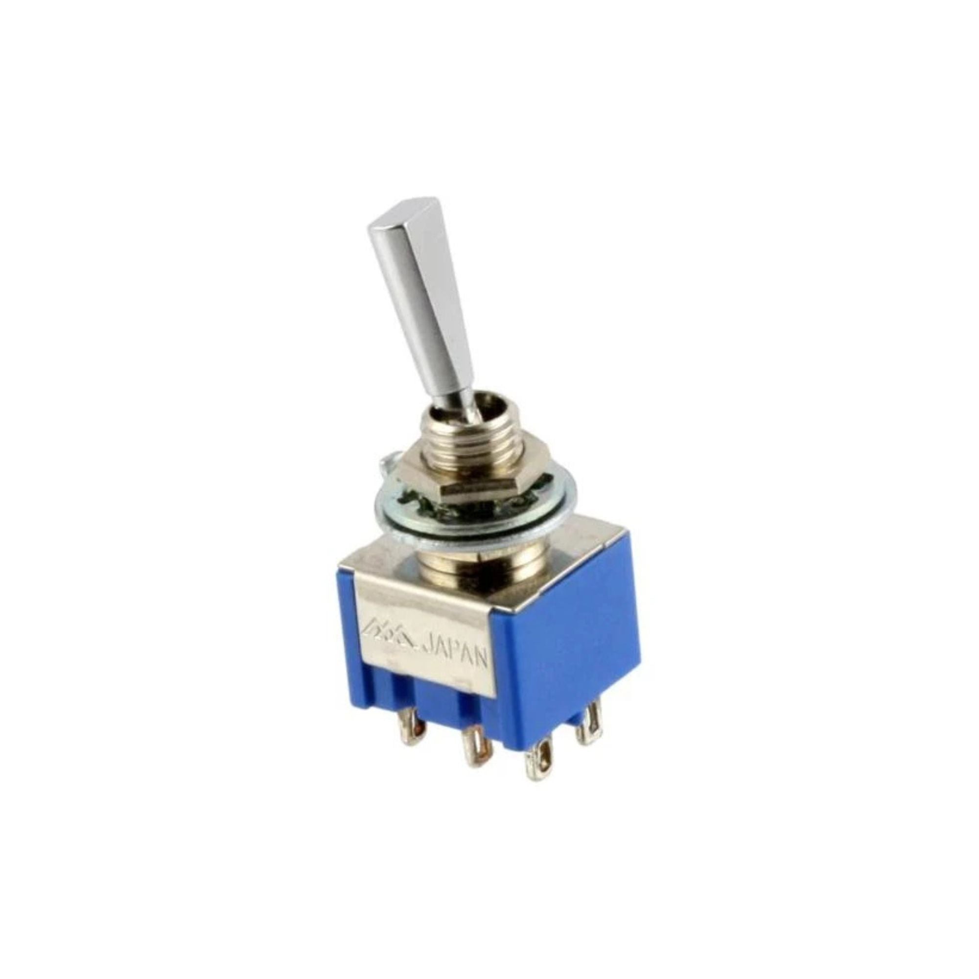 Chrome Allparts USA DPDT mini guitar switch, On-Off-On toggle switch for electric guitars, metal construction, compact design.