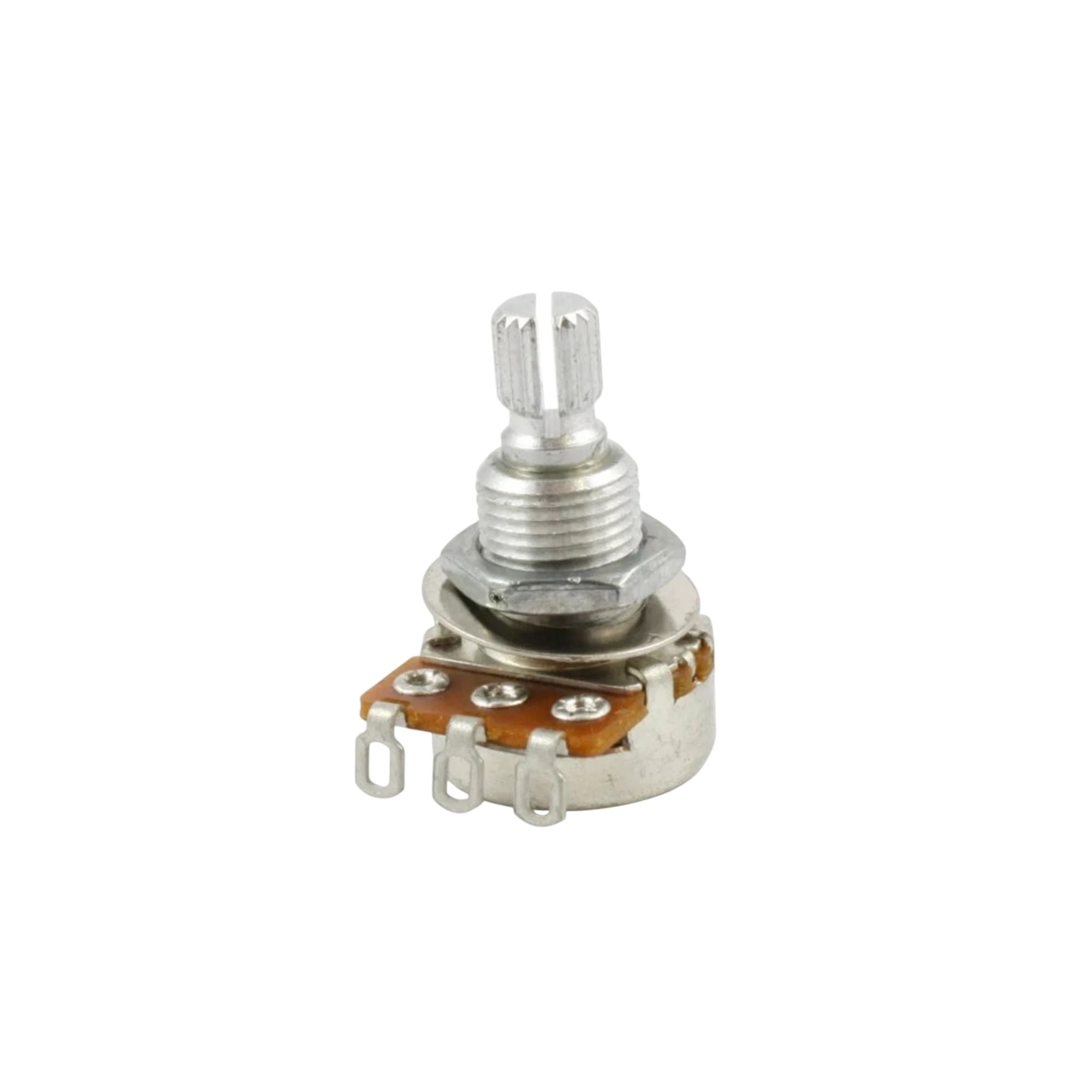 Allparts USA 25k audio taper mini potentiometer for guitar wiring, with metal shaft and compact size.