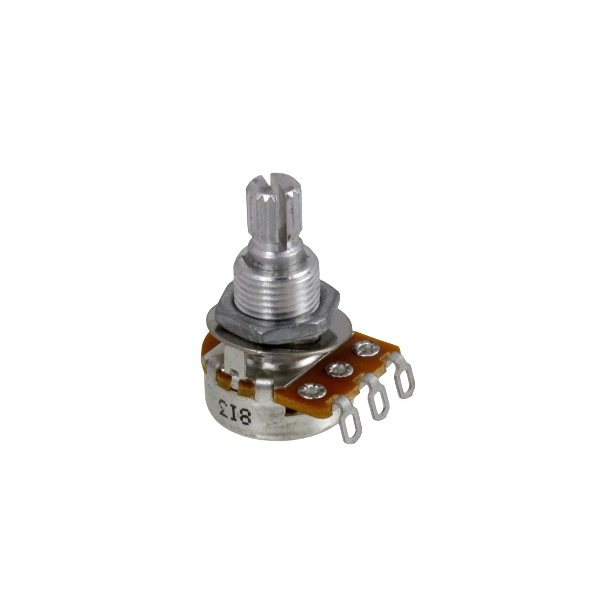 Allparts USA 50k audio taper mini potentiometer for guitar, showing the small metal knob and mounting hardware on a white background.