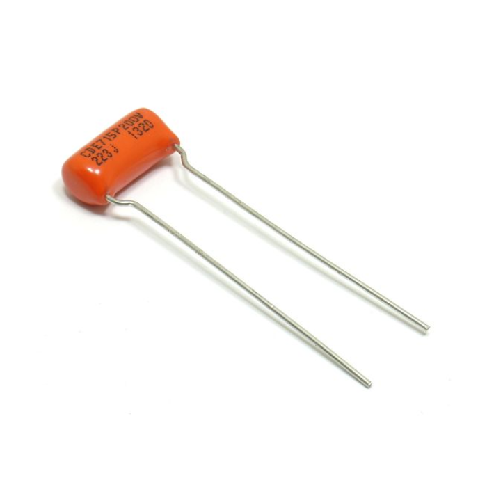 Sprague 0.022mfd Orange Drop capacitor for guitar parts, featuring a metal can design and orange color, ideal for tone control.