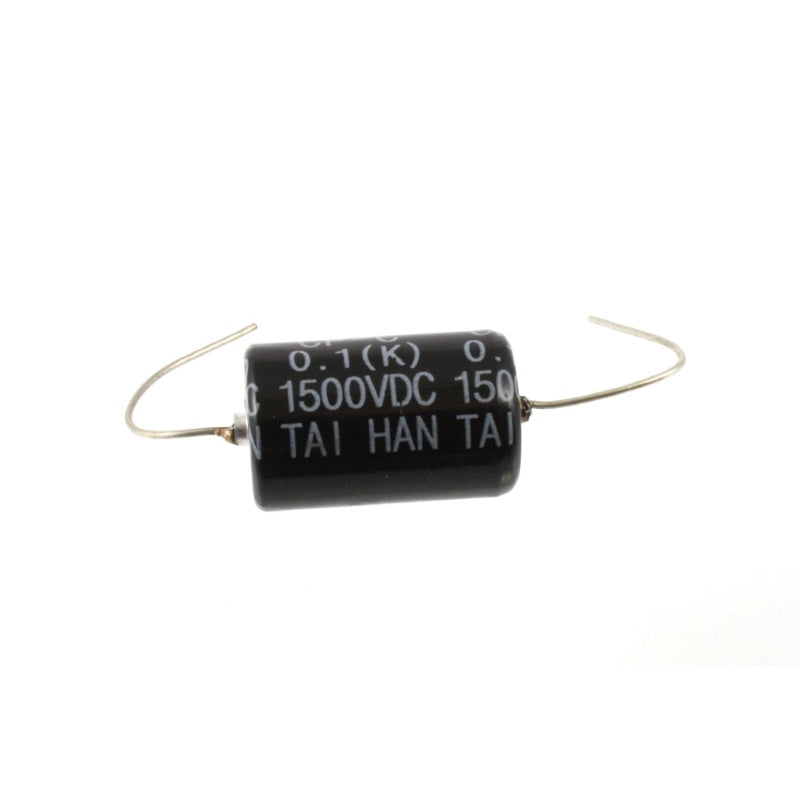 Allparts black bee 0.1uF oil paper capacitor for guitar electronics, shown in close-up with detailed black casing and leads.