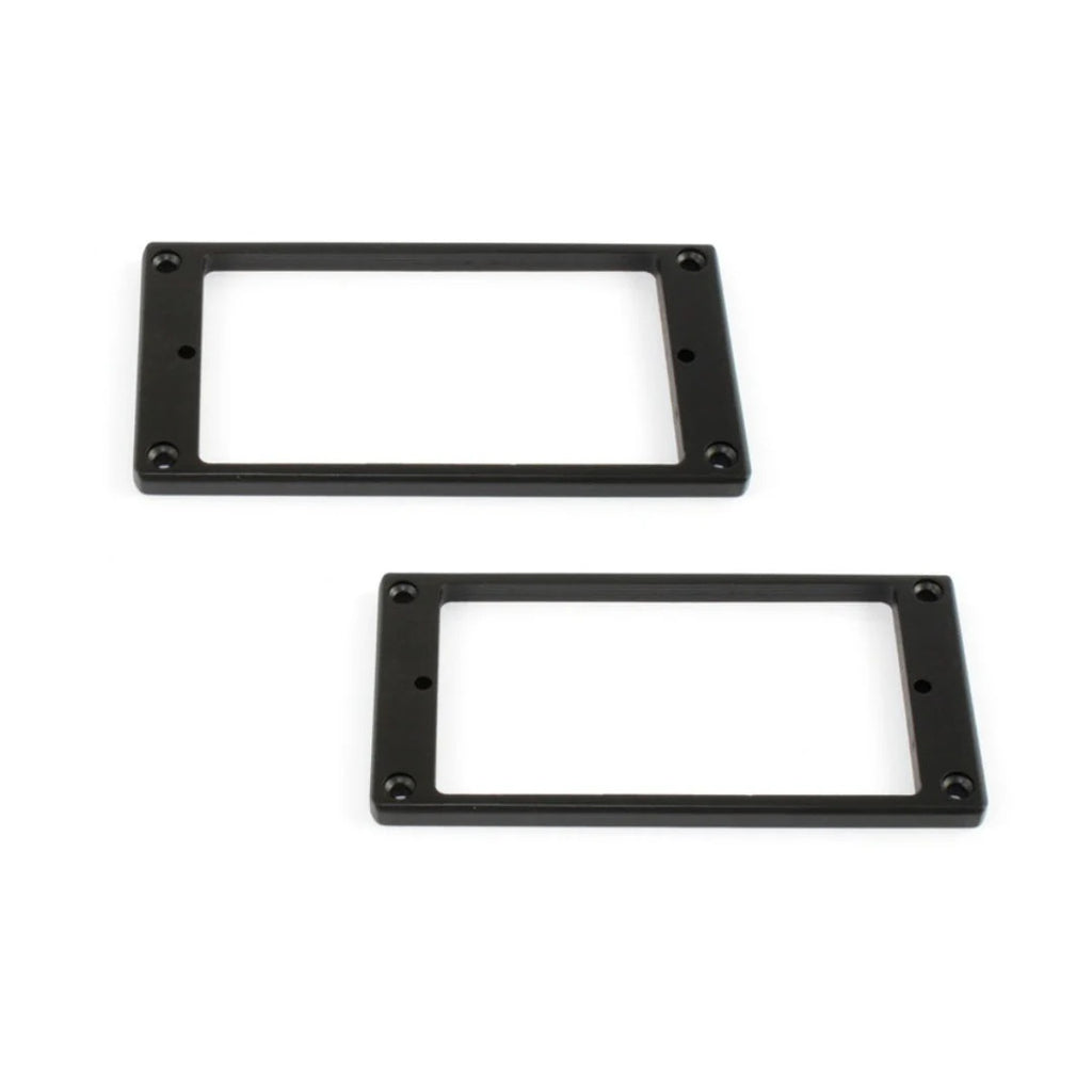 Black Allparts USA flat non-slanted humbucker ring set for electric guitar, showing close-up of the matte black finish and mounting holes.