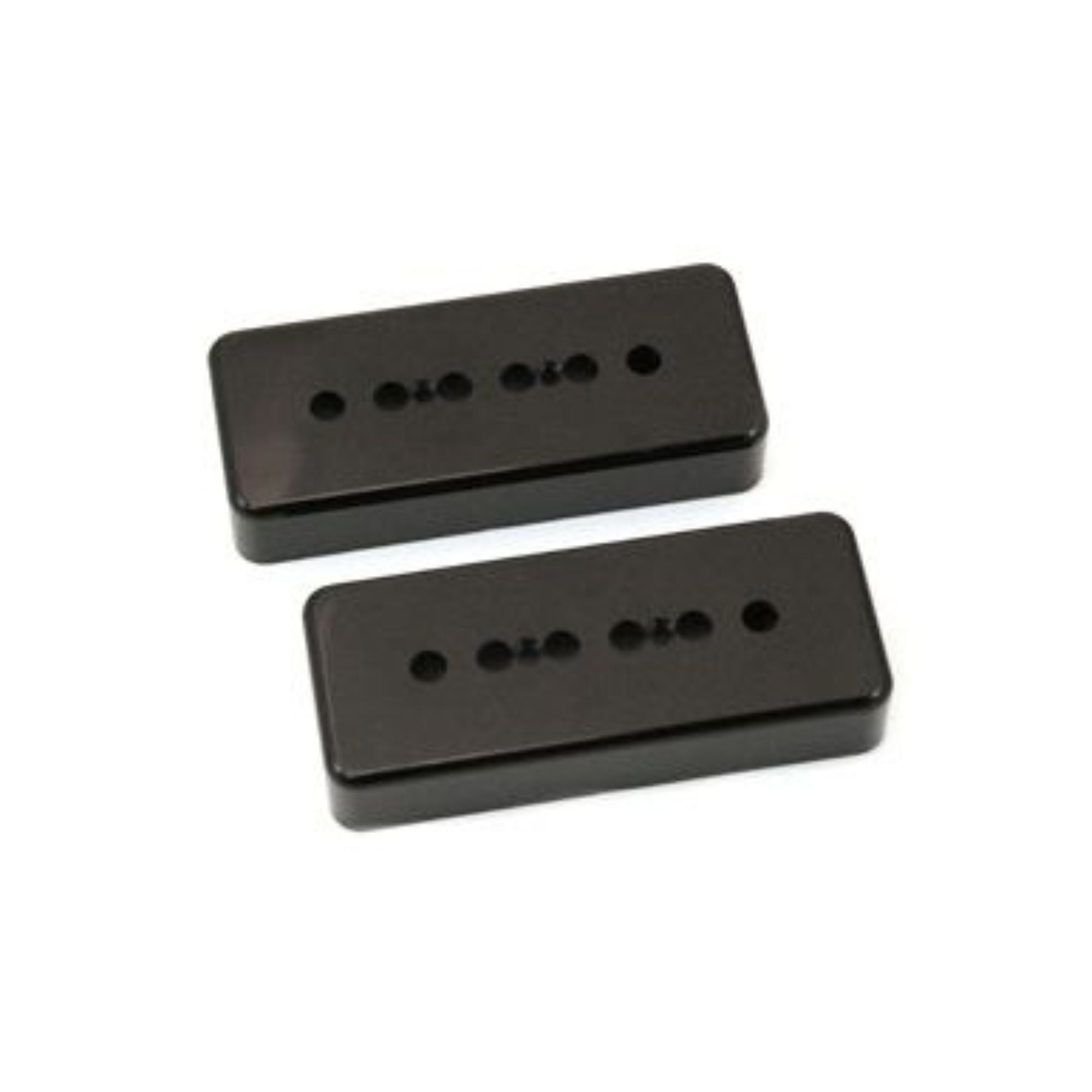 All Parts P90 pickup cover set in black for guitar pickups, showing smooth black metal covers on a white background.