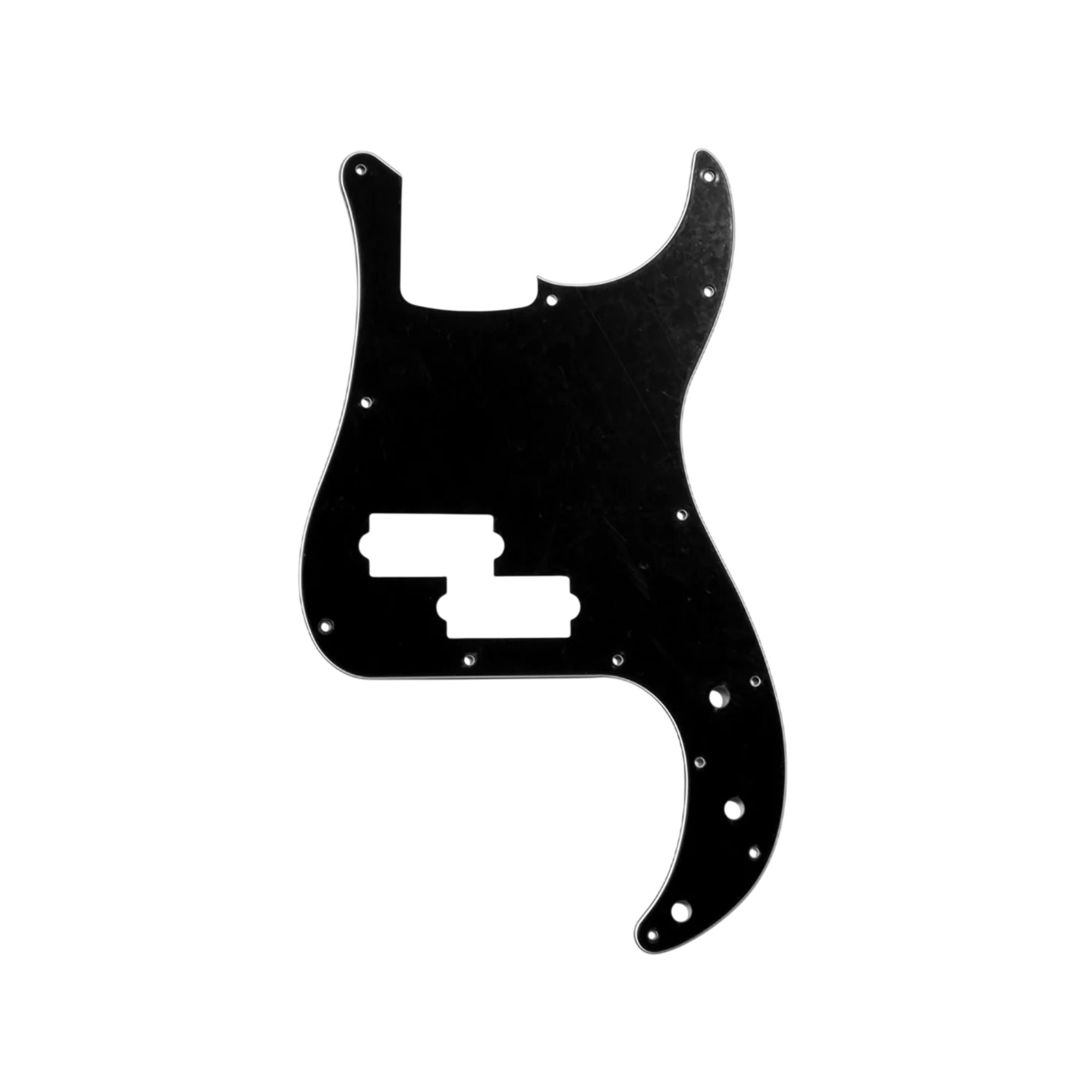 Allparts 3-ply black precision bass guitar pickguard with cutouts, shown on a bass guitar.