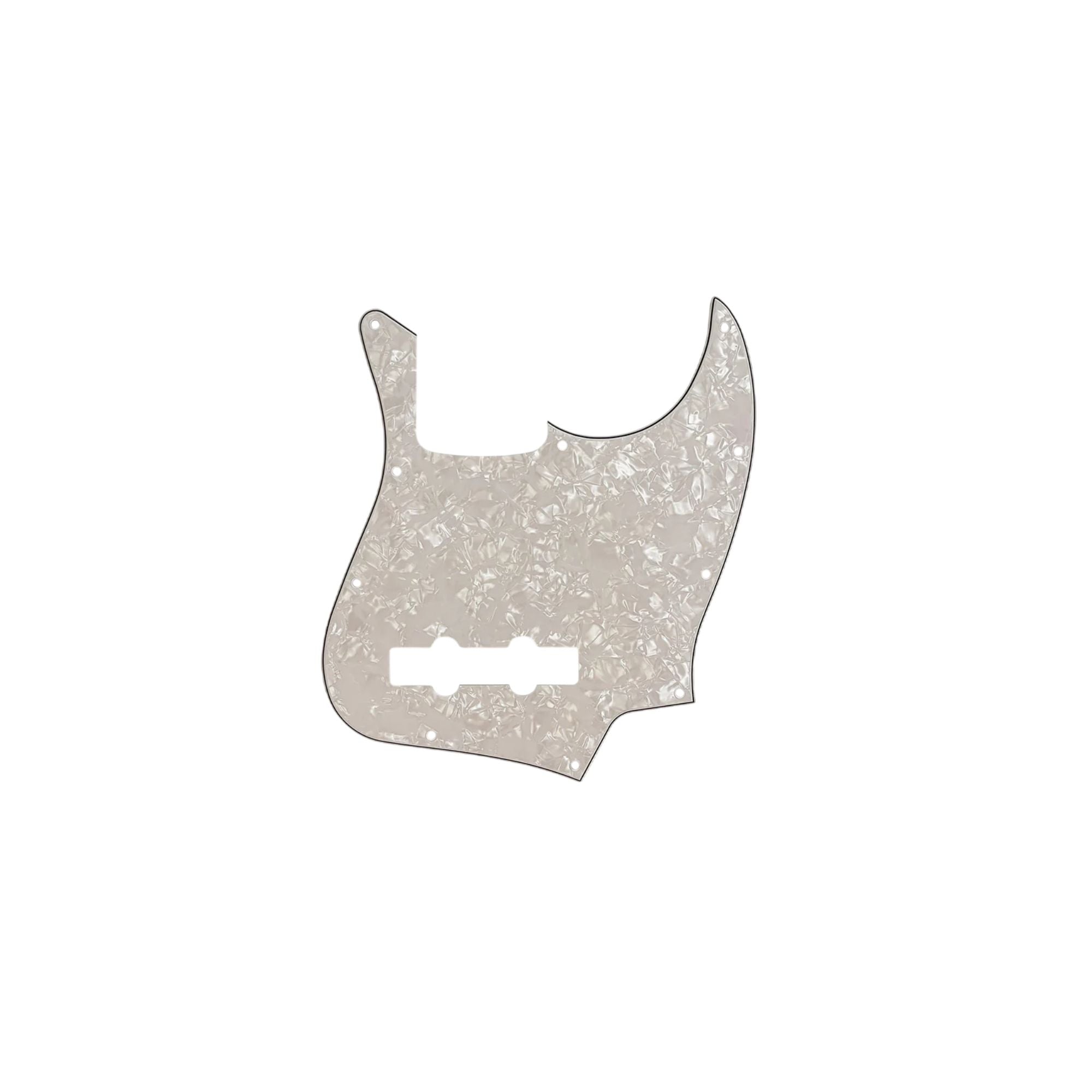 Allparts Jazz Bass pickguard in parchment color, showing a close-up of the guitar part with mounting holes and smooth finish.