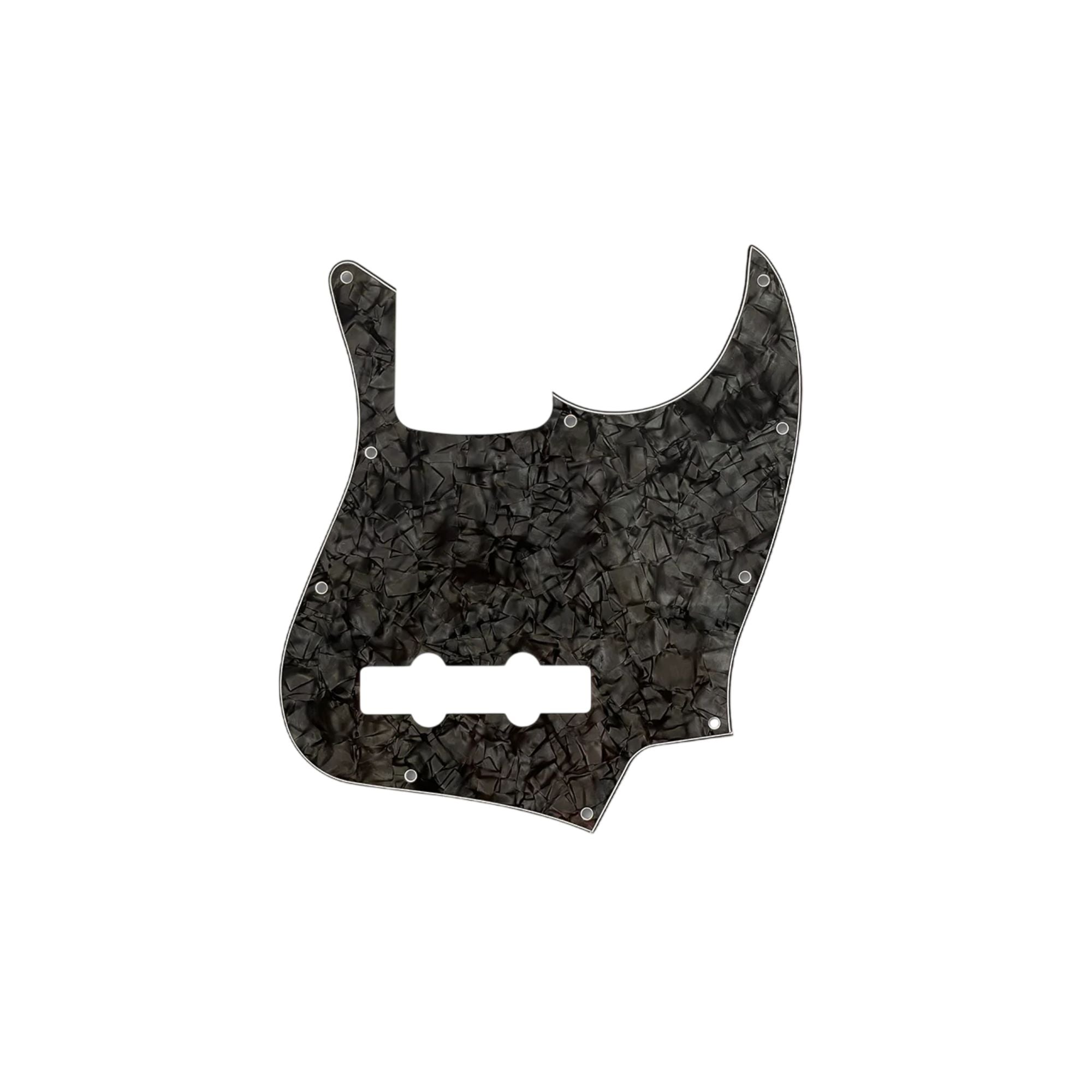 Allparts JB pickguard in black pearloid with a glossy finish, designed for electric guitar, showing detailed close-up of the pickguard surface.
