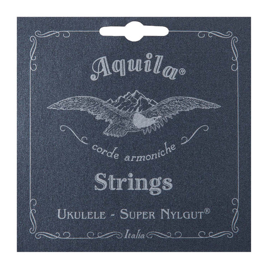 Aquila AQ104U low G concert ukulele string set with four colorful strings displayed on a white background