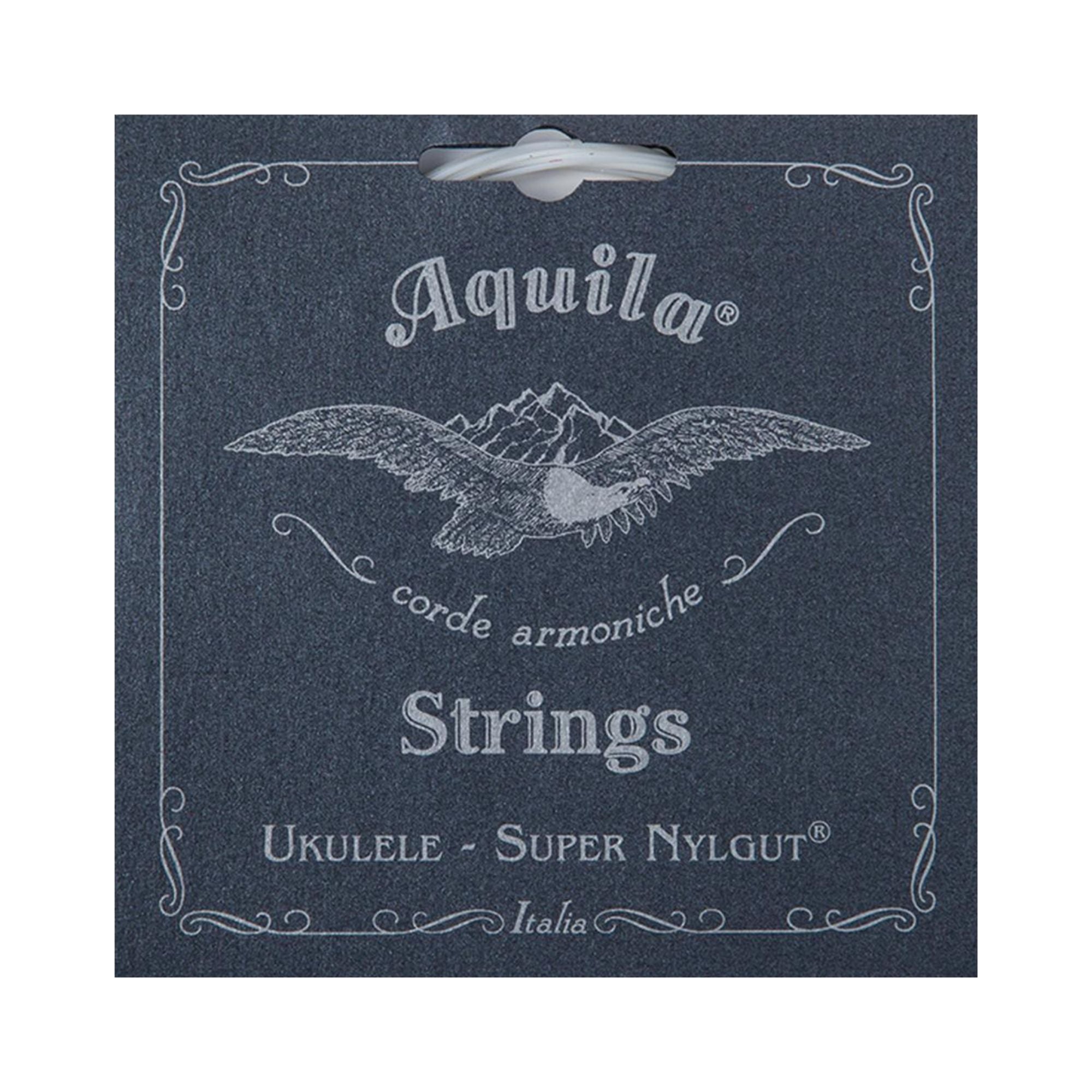 Aquila AQ107U Super Nylgut low-G tenor ukulele string set with four strings laid out on a white background.