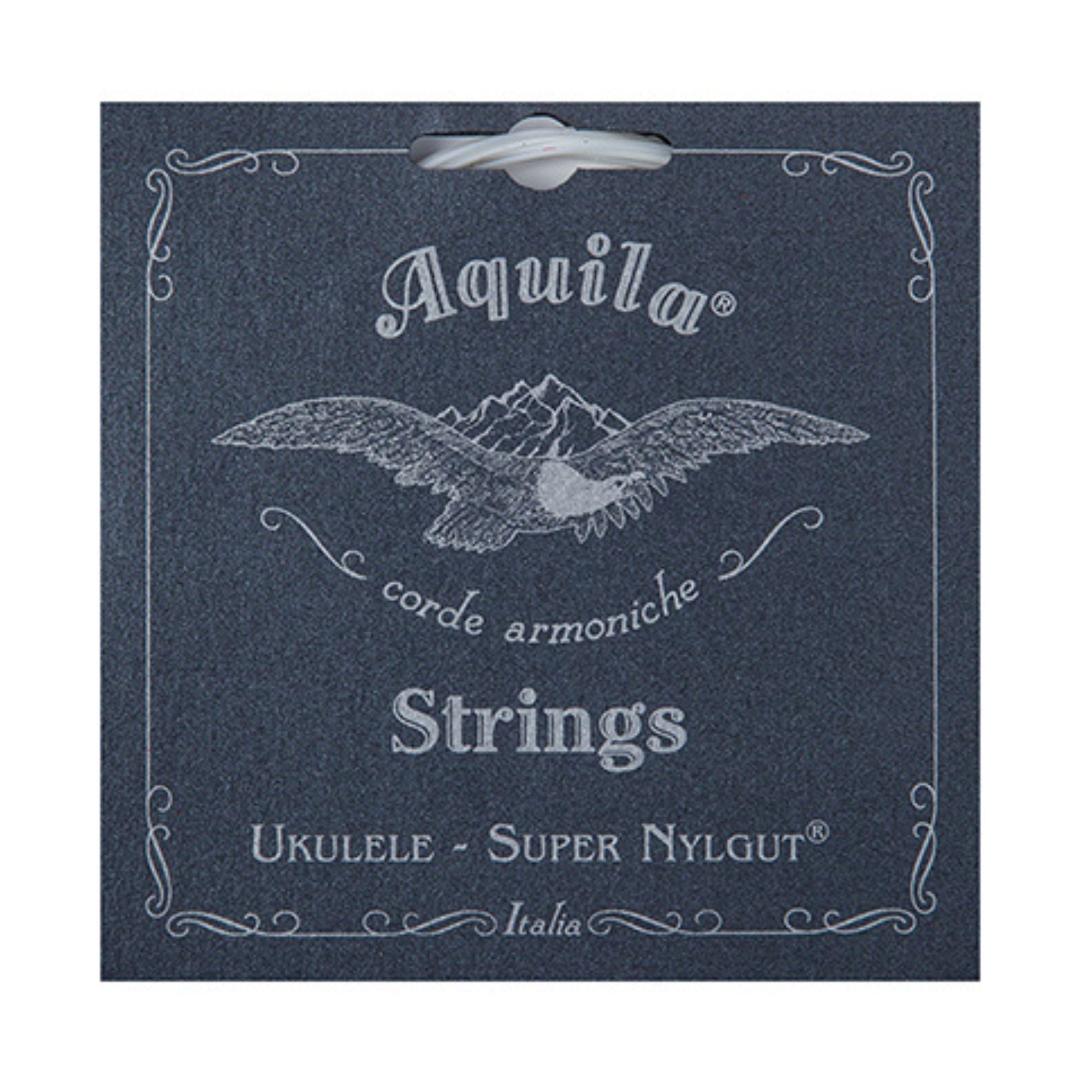 Aquila AQ128U Super Nylgut baritone ukulele string set with two wound low D strings, shown on a ukulele.