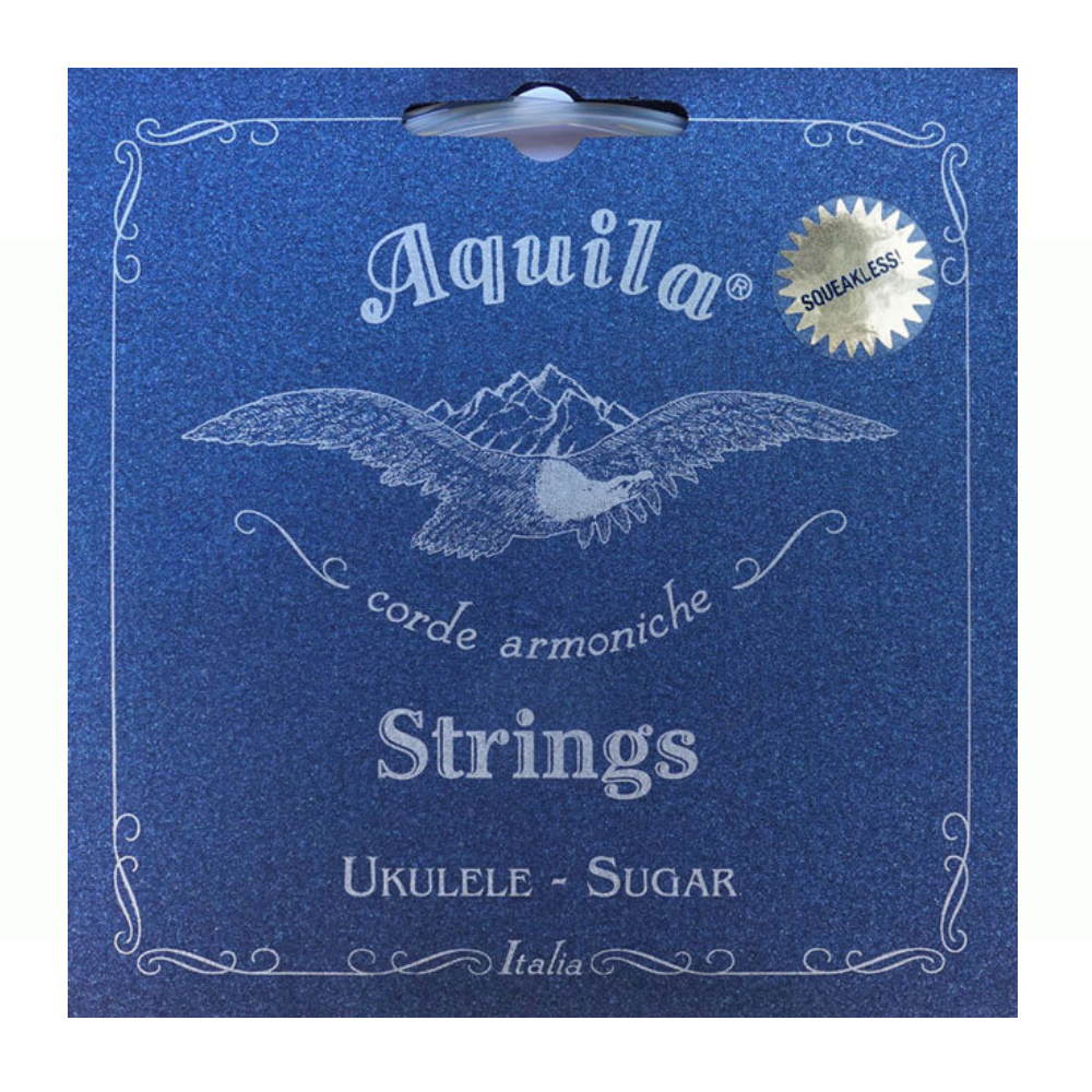 Aquila Sugar Series High-G soprano ukulele string set with colorful packaging and strings ready for tuning.