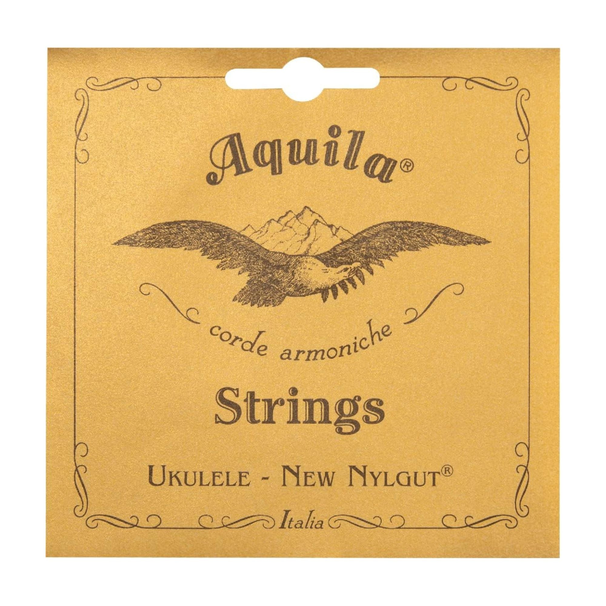 Aquila AQ15U New Nylgut low-G tenor ukulele string set shown on a ukulele with close-up of strings and branding.