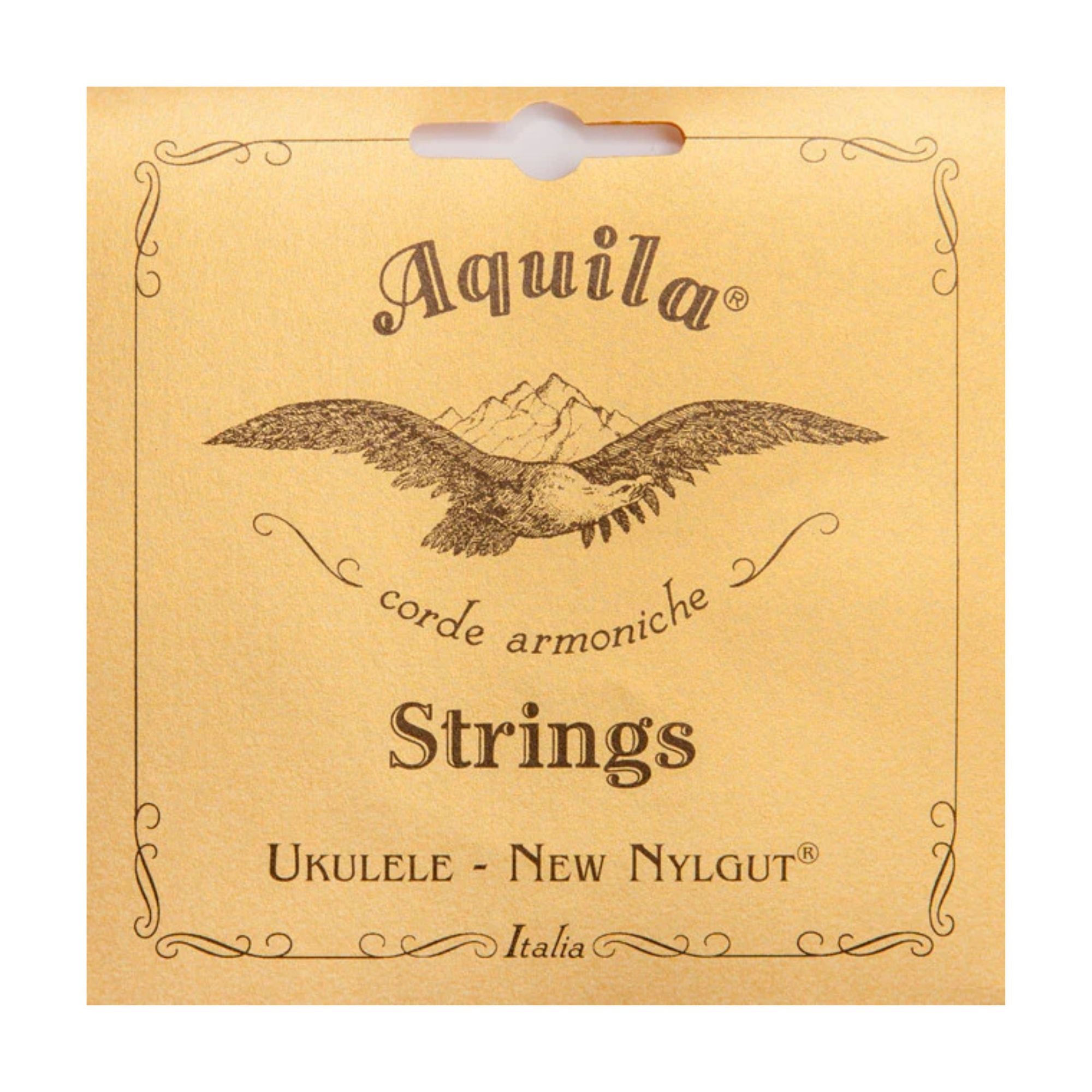 Aquila AQ5U New Nylgut low-G soprano ukulele string set with four nylon strings laid out on a white background.
