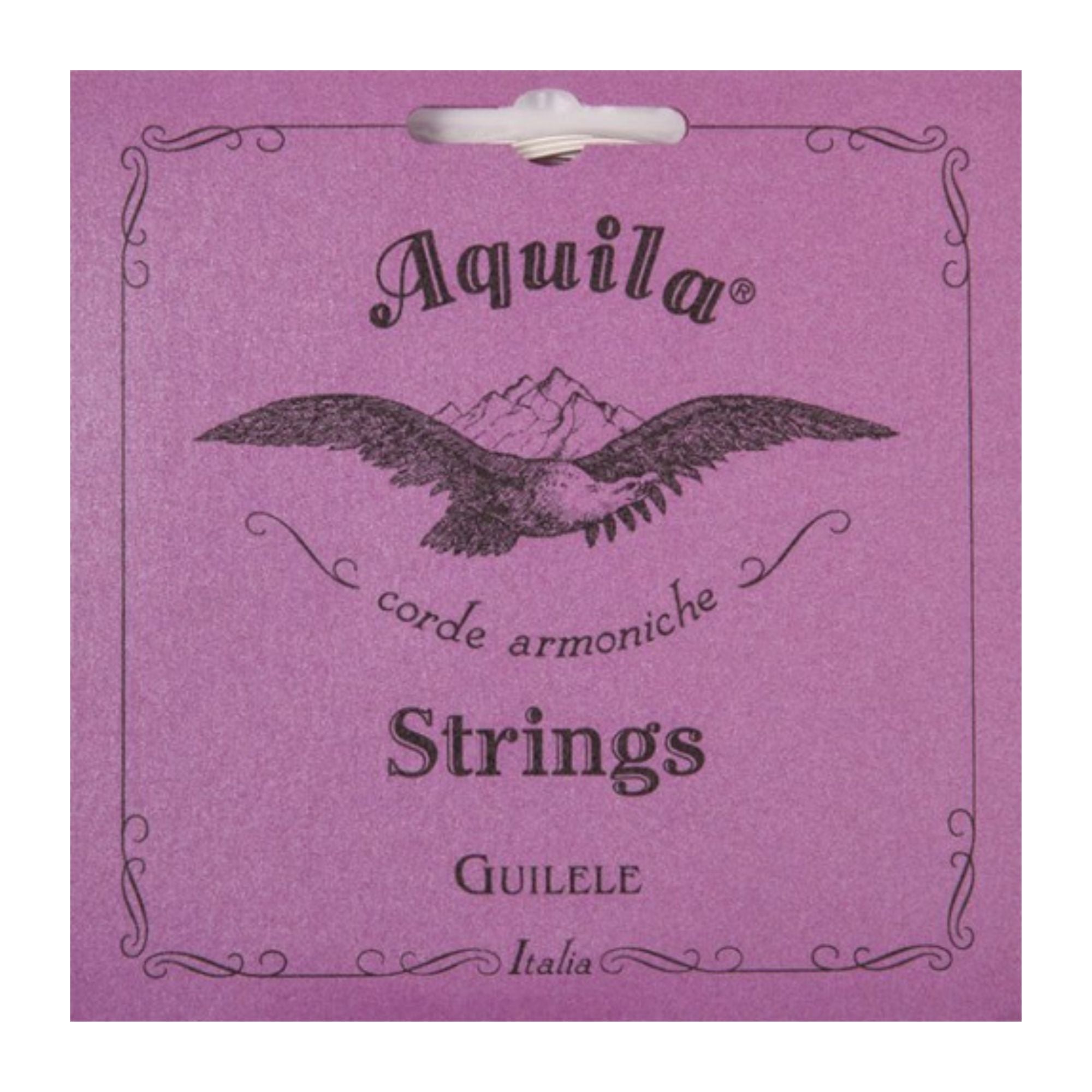 Aquila AQ96C1 6-string Guitarlele string set for ukuleles and guitarleles, showing the packaged strings with branding.