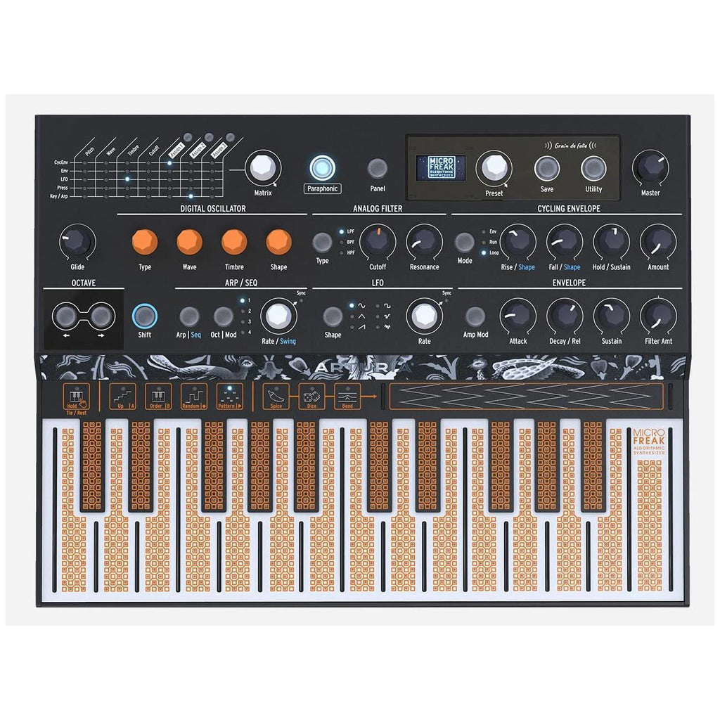 Arturia Microfreak hybrid synthesizer keyboard with colorful control panel and various knobs and keys for music production.