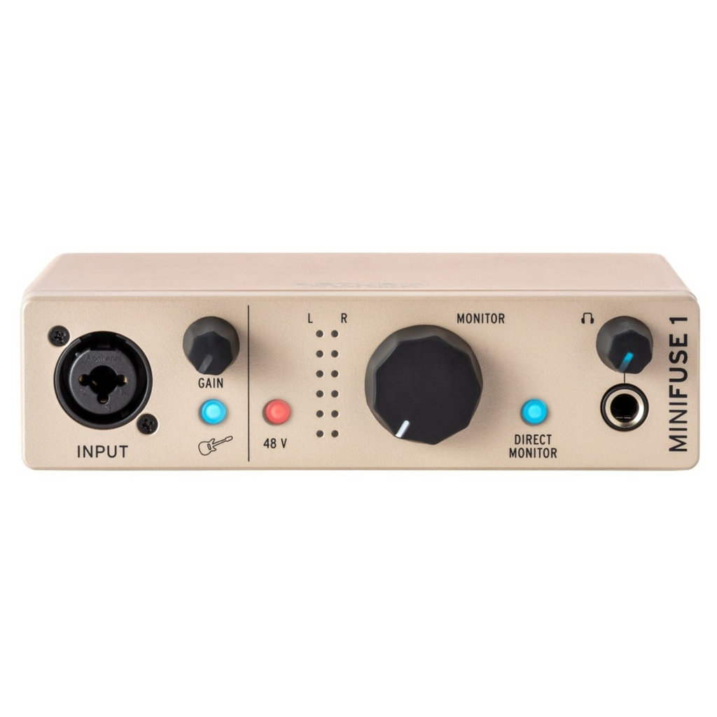 Arturia Minifuse 1 USB audio interface in champagne color, compact design with input and output ports visible.