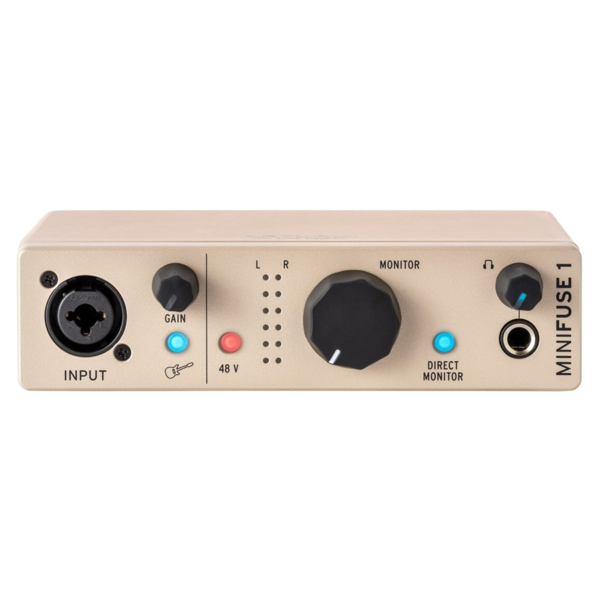 Arturia Minifuse 1 USB audio interface in champagne color, compact design with input and output ports visible.