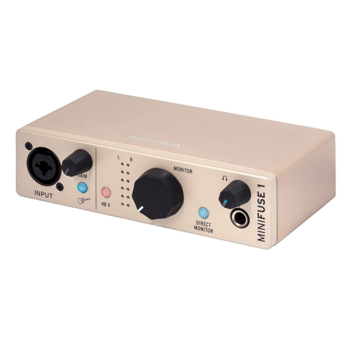 Arturia Minifuse 1 USB audio interface in champagne finish showing input ports and control knobs on a sleek metal body.