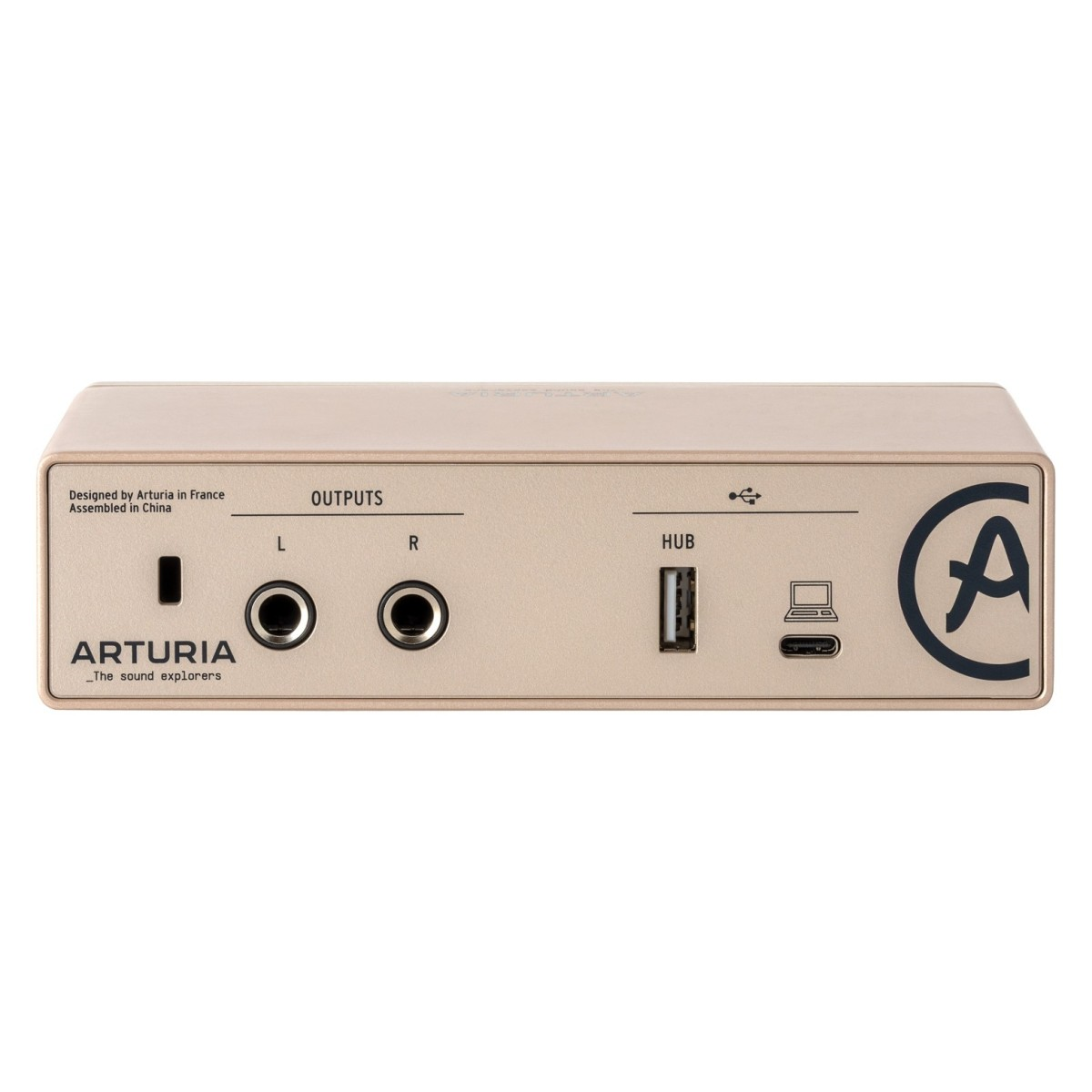 Arturia Minifuse 1 USB audio interface in champagne finish, compact music recording device with input and output ports.
