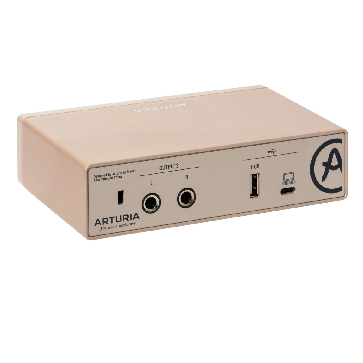 Arturia Minifuse 1 USB audio interface in champagne color, compact device with input and output ports for high-quality audio recording.
