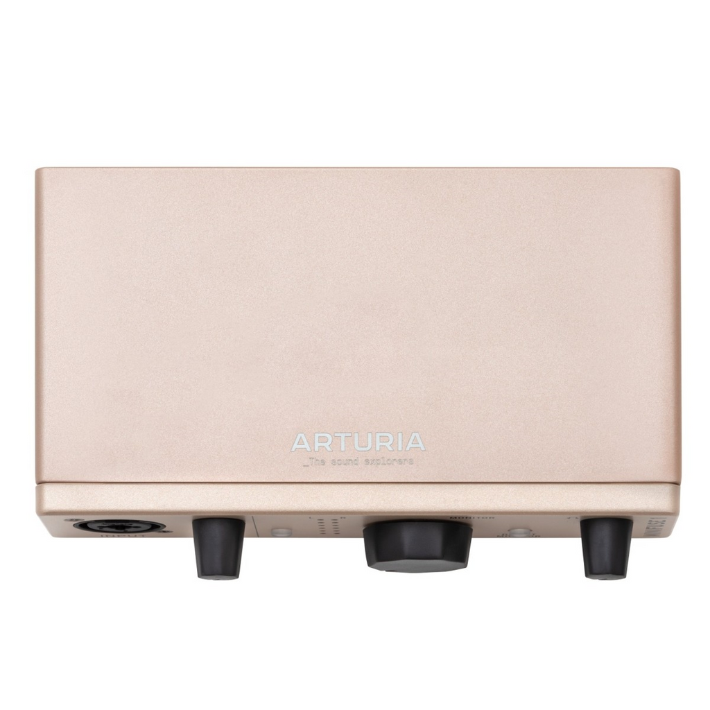 Arturia Minifuse 1 USB audio interface in champagne finish showing input and output ports on the front panel.