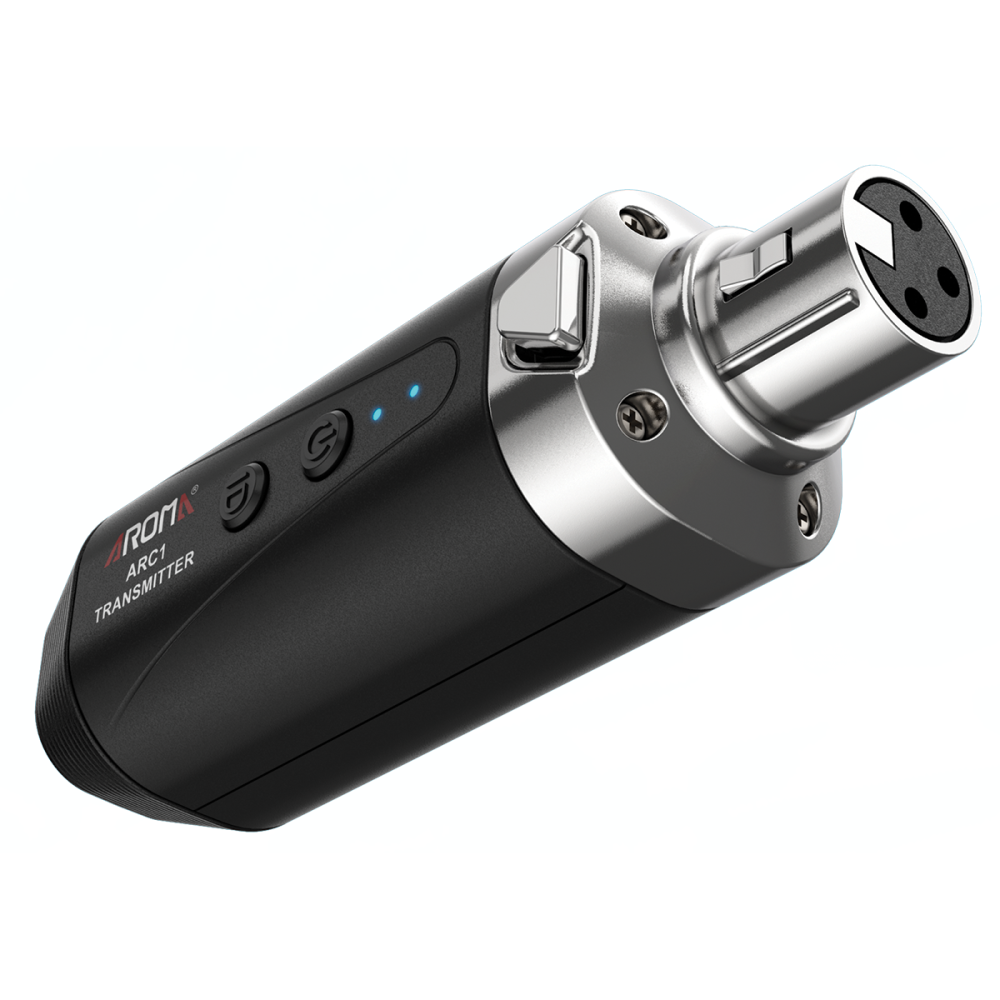 Aroma ARC1 wireless microphone system with two handheld microphones and receiver, 5.8GHz wireless technology, black and silver design.