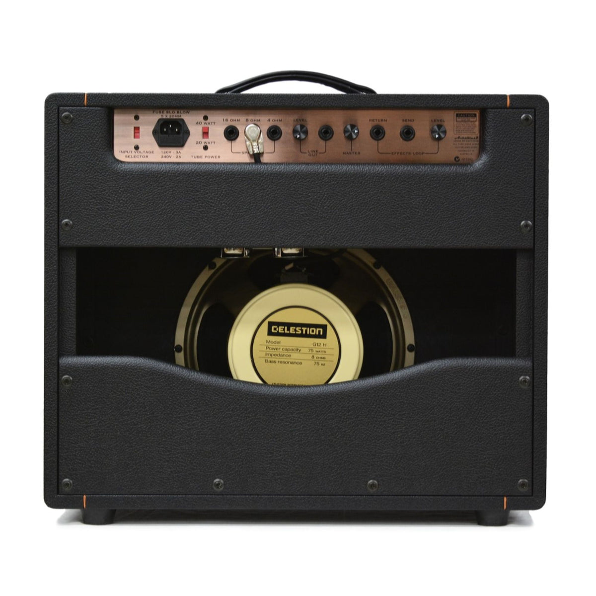 Achillies Argos 1x12 40W tube guitar combo amplifier with Celestion Creamback speaker in black Bronco Tolex finish.