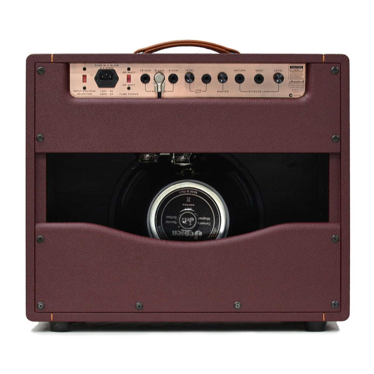 Achillies Argos 1x12 40W tube guitar combo amplifier with Jensen speaker in Cabernet Bronco Tolex finish.