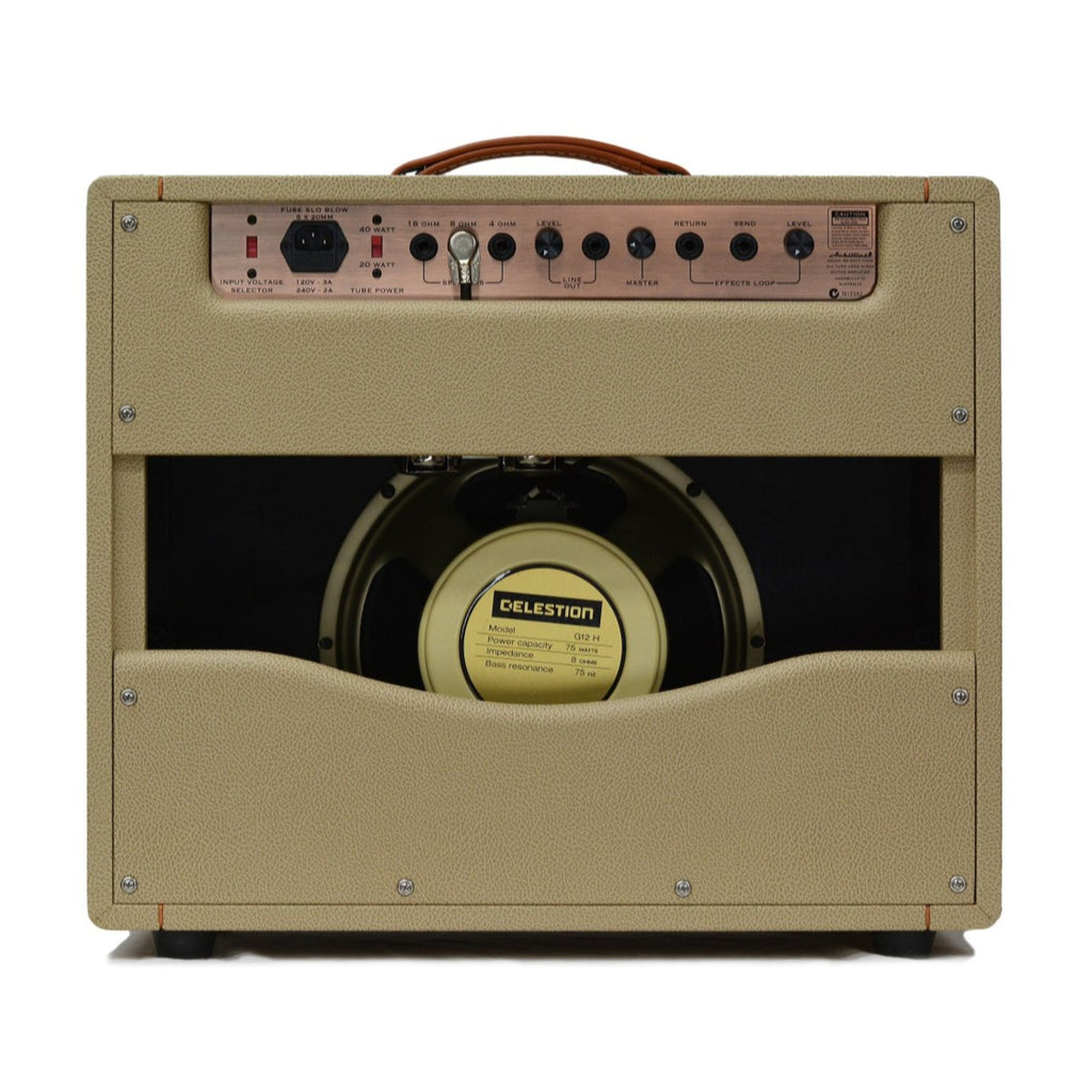 Achillies Argos 1x12 40W tube guitar combo amplifier with tan Bronco tolex and Celestion Creamback speaker.