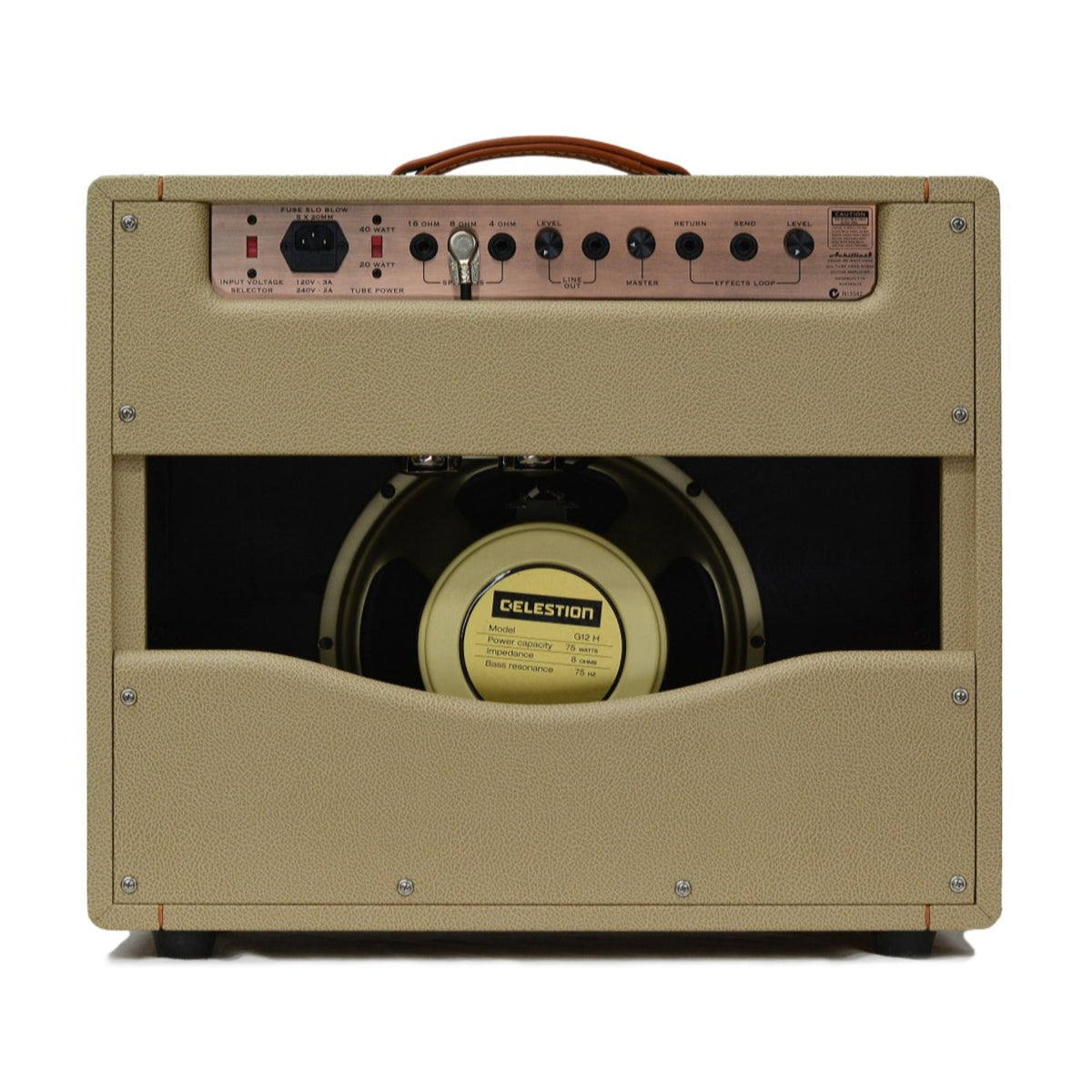 Achillies Argos 1x12 40W tube guitar combo amplifier with tan Bronco tolex and Celestion Creamback speaker.