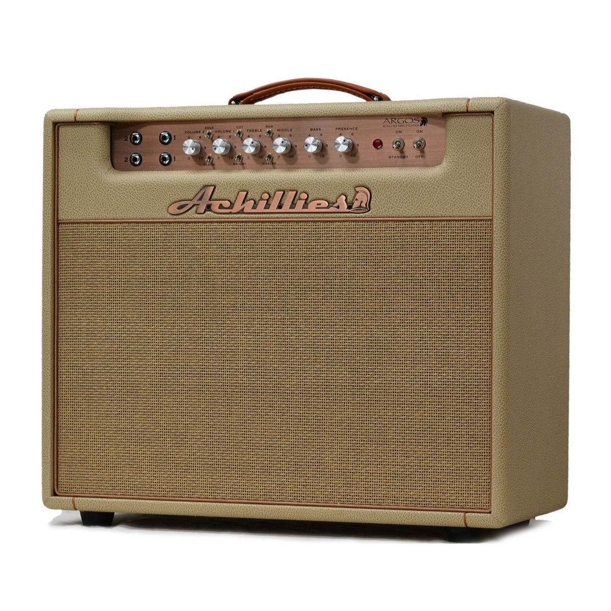 Achillies Argos 1x12 40W tube guitar combo amplifier with tan Bronco tolex and Celestion Creamback speaker.