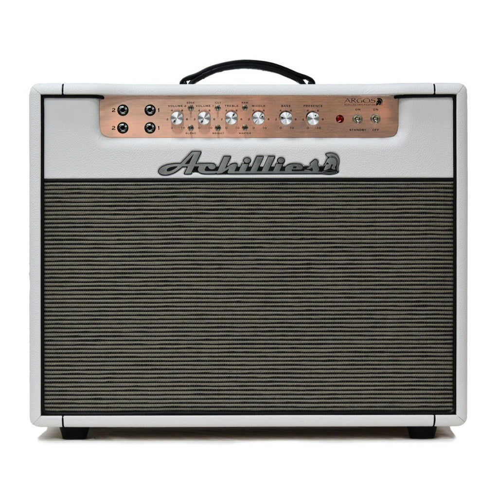 Achillies Argos 2x10 40W tube guitar combo amplifier with creambacks, hot white bronco tolex, and vintage design.