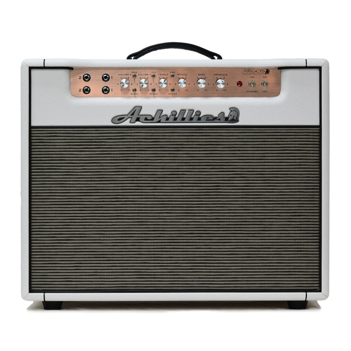 Achillies Argos 2x10 40W tube guitar combo amplifier with creambacks, hot white bronco tolex, and vintage design.