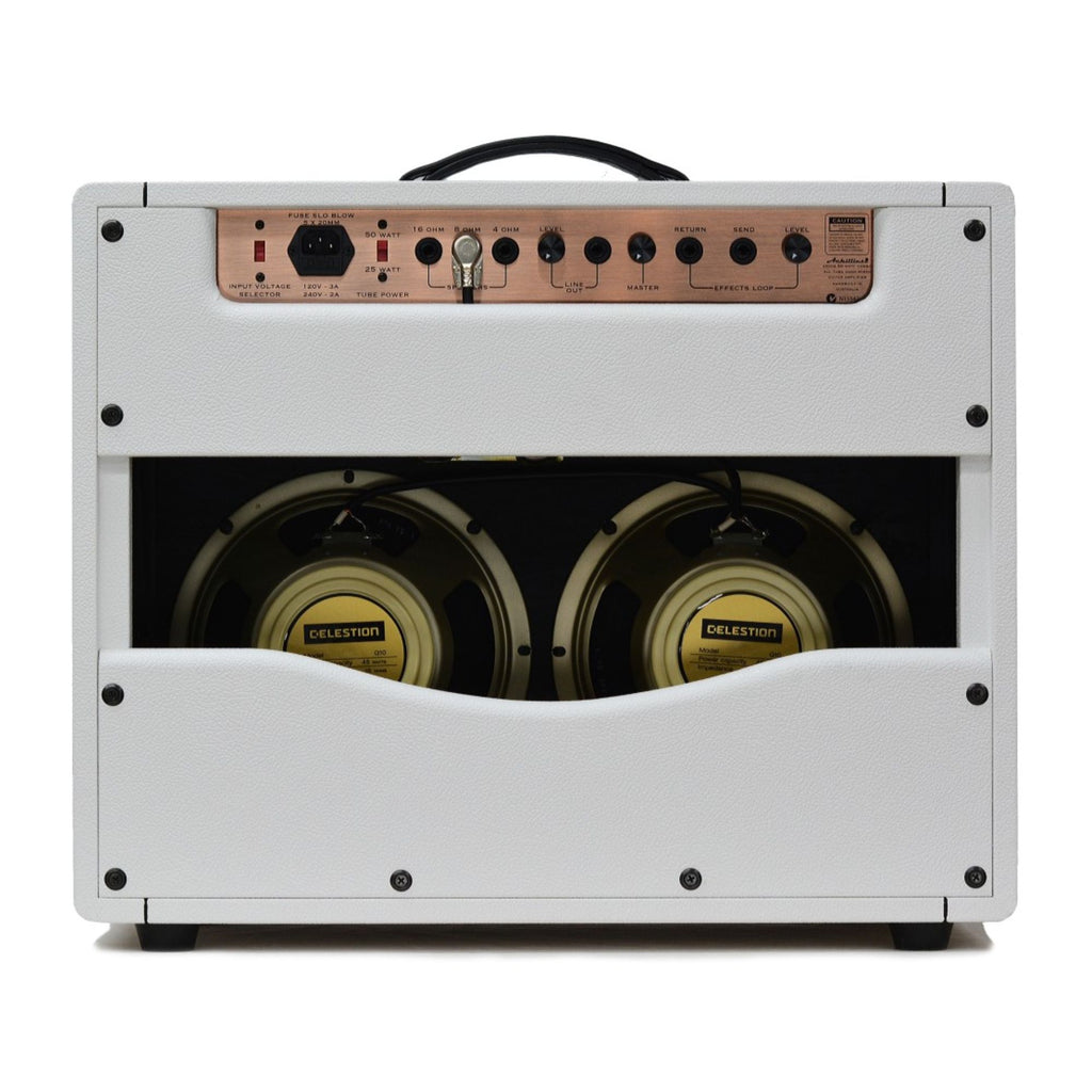 Achillies Argos 2x10 40W tube guitar combo amplifier with creambacks, in hot white Bronco Tolex, featuring control knobs and speaker grille.