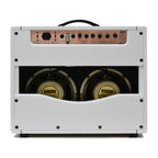 Achillies Argos 2x10 40W tube guitar combo amplifier with creambacks, in hot white Bronco Tolex, featuring control knobs and speaker grille.