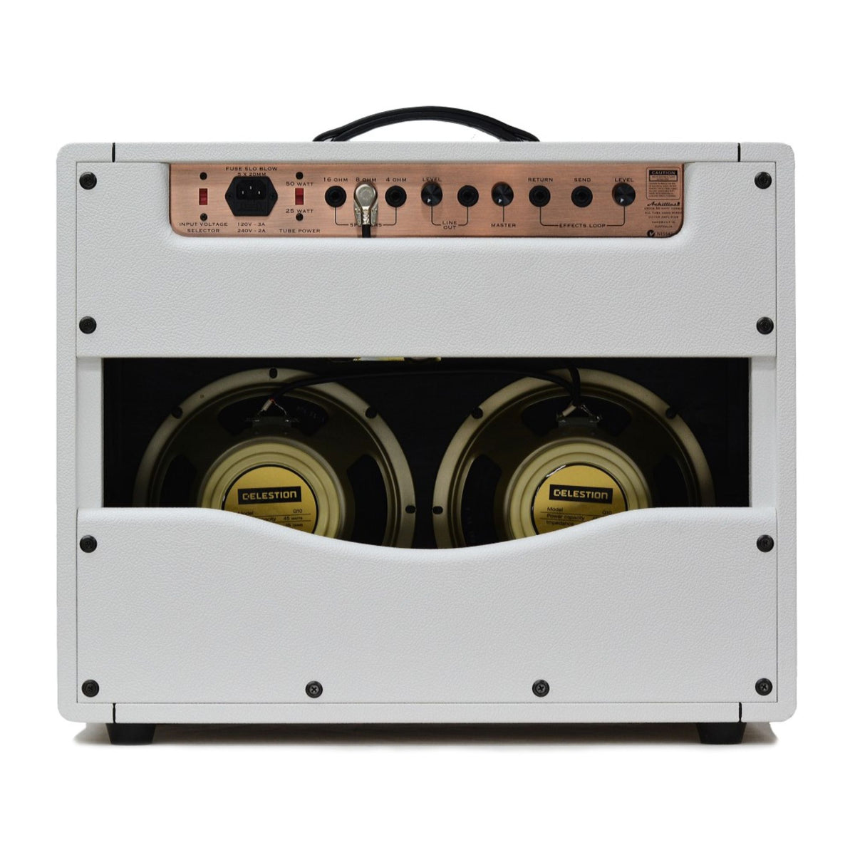 Achillies Argos 2x10 40W tube guitar combo amplifier with creambacks, in hot white Bronco Tolex, featuring control knobs and speaker grille.