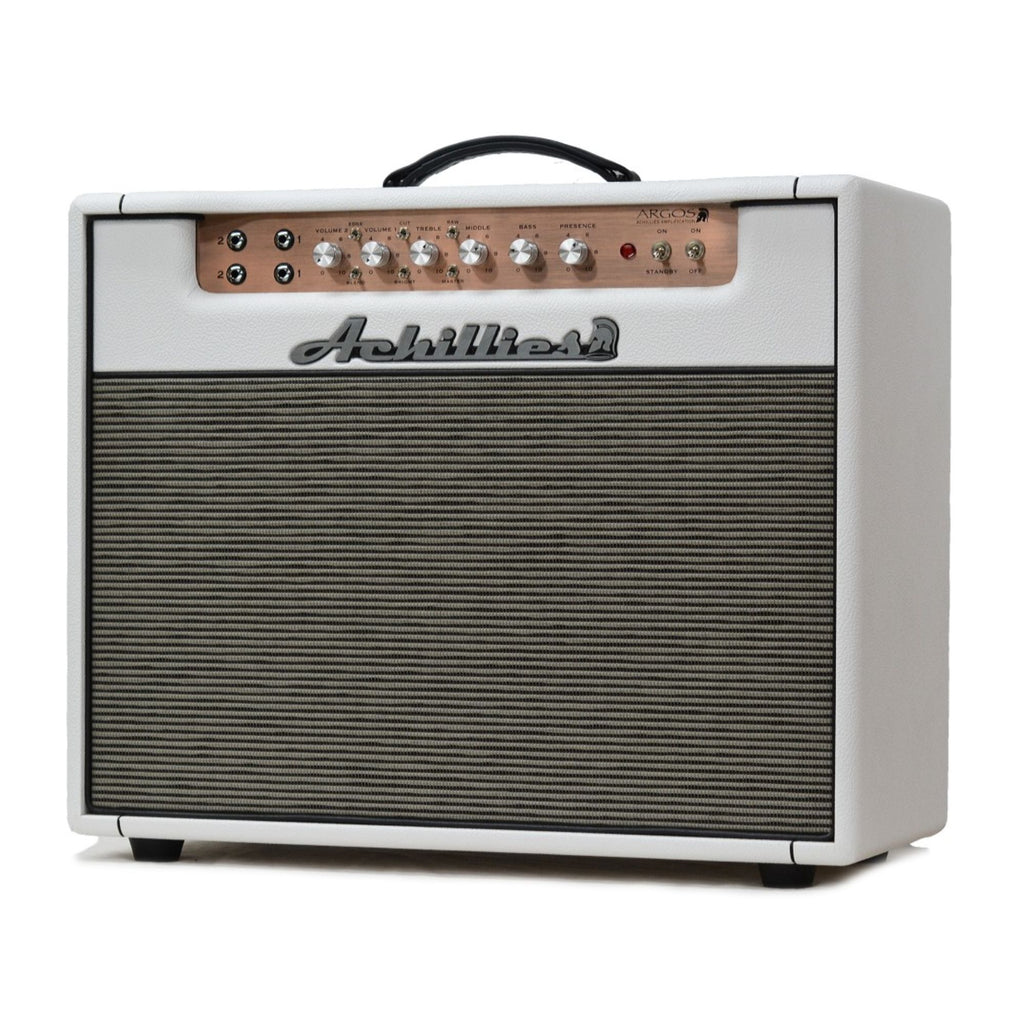 Achillies Argos 2x10 40W tube guitar combo amplifier with hot white Bronco Tolex and creamback speakers, showcasing control panel and design.