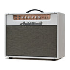 Achillies Argos 2x10 40W tube guitar combo amplifier with hot white Bronco Tolex and creamback speakers, showcasing control panel and design.